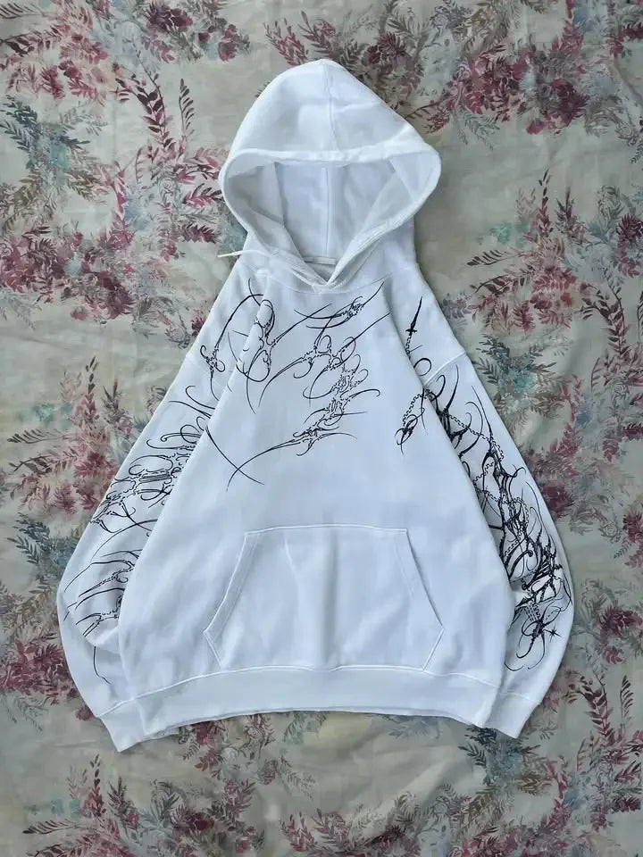 Y2K Fashion Harajuku Gothic Zip Up Hoodie Men Women Minimalist Graffiti Print Oversized Unisex Fit Sweatshirt Streetwear