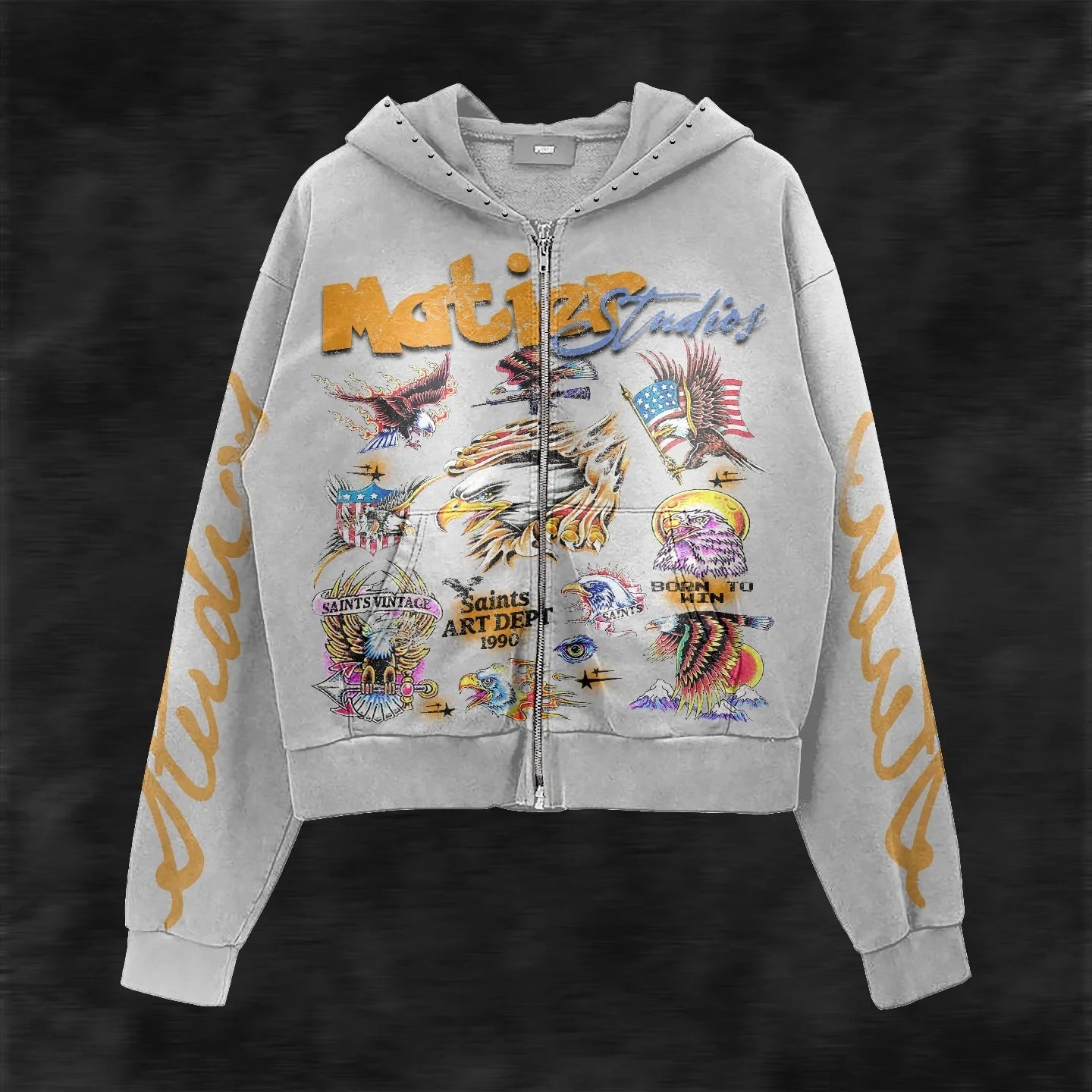 Y2K Style Hoodie with Pearl Details, Gothic Letter Print Zip-Up Hooded Sweatshirt