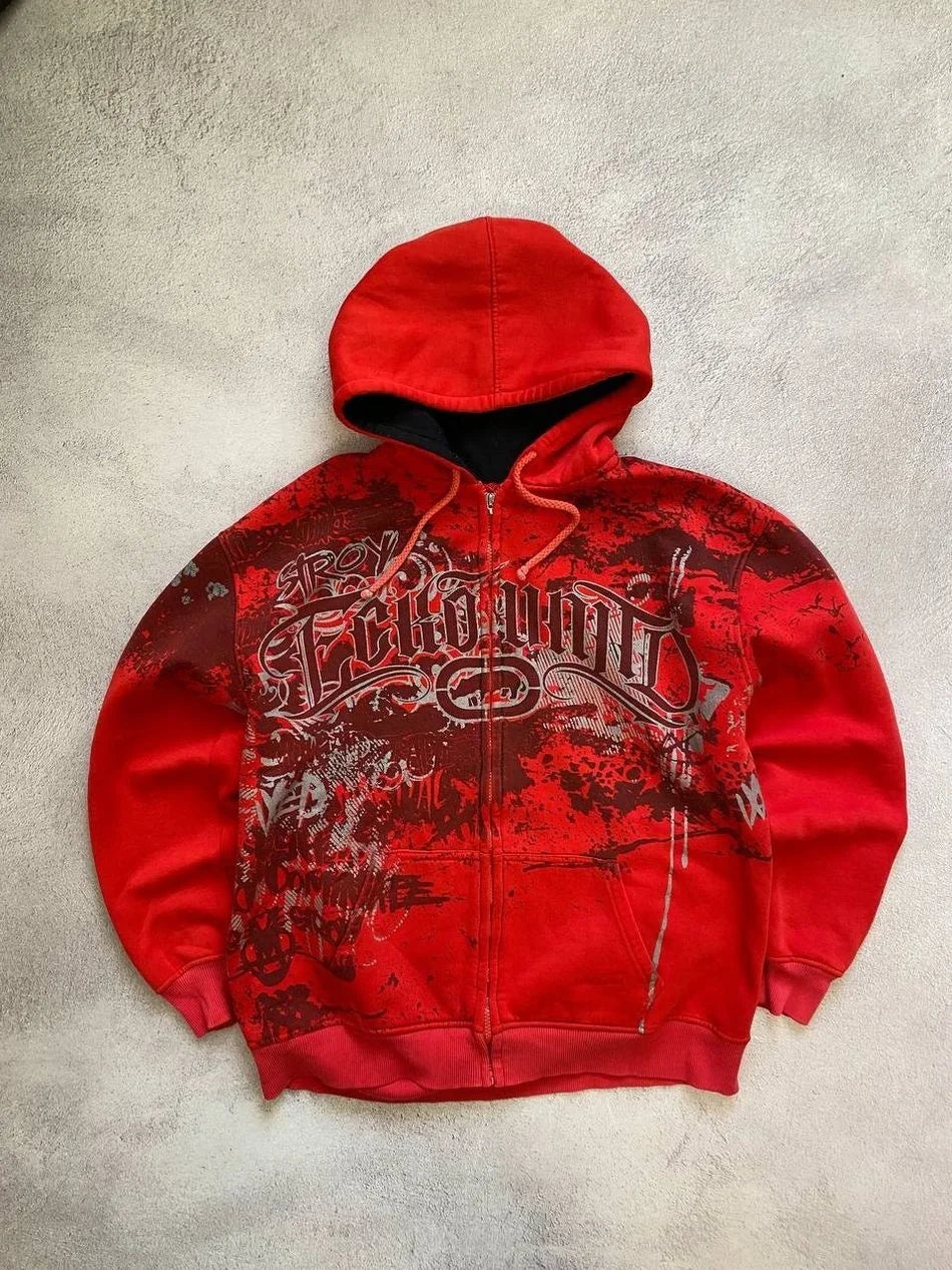 Y2K Gothic Ecko Skull Printing Hoodie Men Women Streetwear Punk Oversize Black Sweatshirt Dark Artistic Casual Pullover