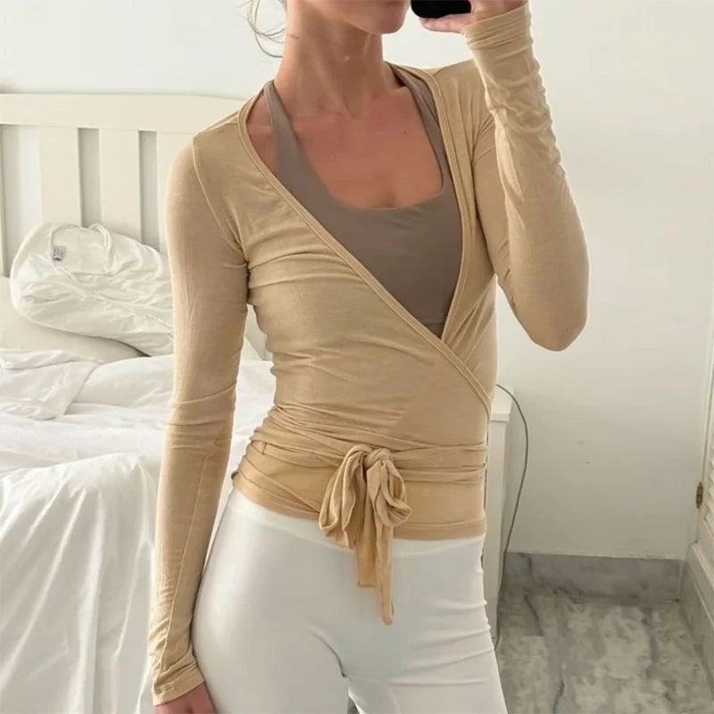Women Cross Wrap Tie Crop Tops Yoga Shirts Long Sleeve Deep V Neck Solid Color Slim Fit Shirts Ladies Yoga Workout Blouses Tees