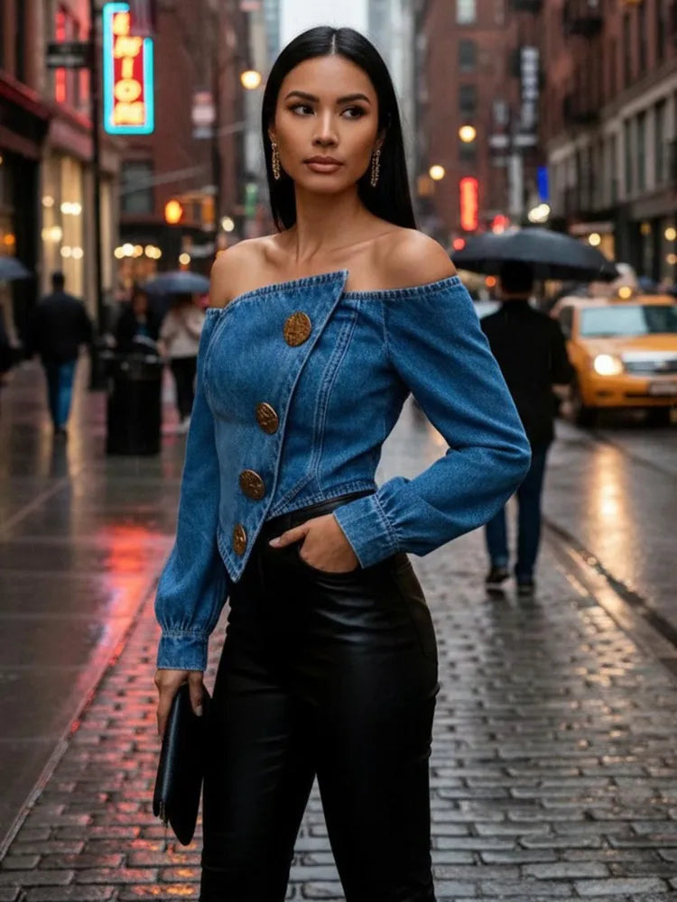 UOOZEE Women's Y2K Off Shoulder Denim Crop Tops Fashion Asymmetrical Hem Gold Button Long Sleeves Party Club Jean Blouses