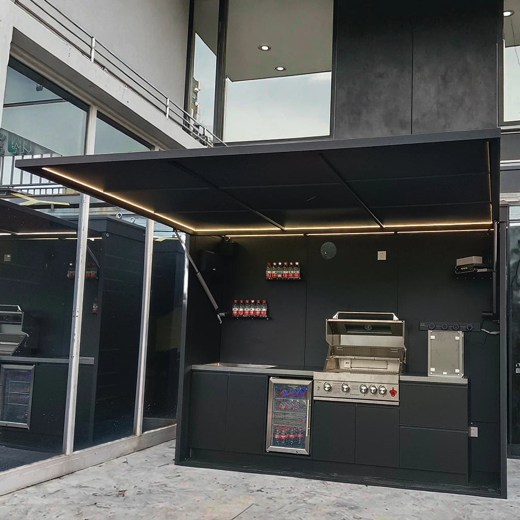 Customized Black/grey Garden/patio Outdoor Bbq Kitchen Pod with Door Weatherproof 304 Stainless Steel Outdoor Kitchen with Shed