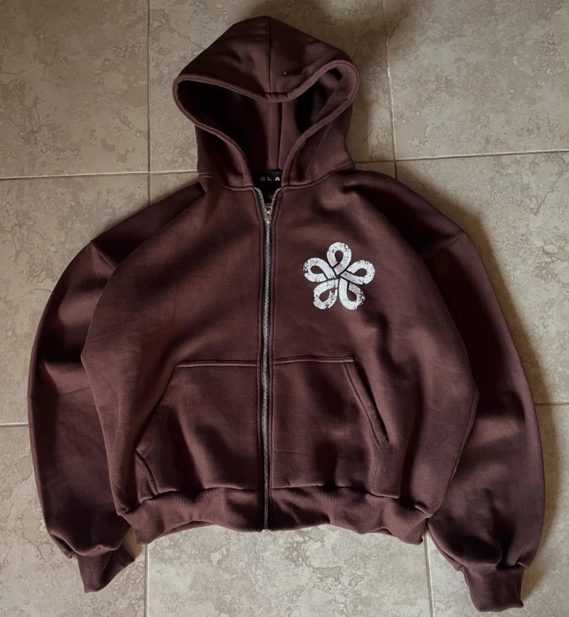 Y2K Retro Harajuku Oversized Cropped Zip Up Hoodie High Street Minimalist Style Flower Graphic Print Men Women Hooded Jacket