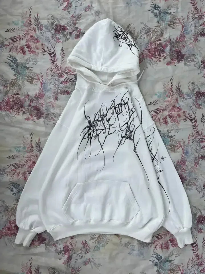 Y2K Fashion Harajuku Gothic Zip Up Hoodie Men Women Minimalist Graffiti Print Oversized Unisex Fit Sweatshirt Streetwear