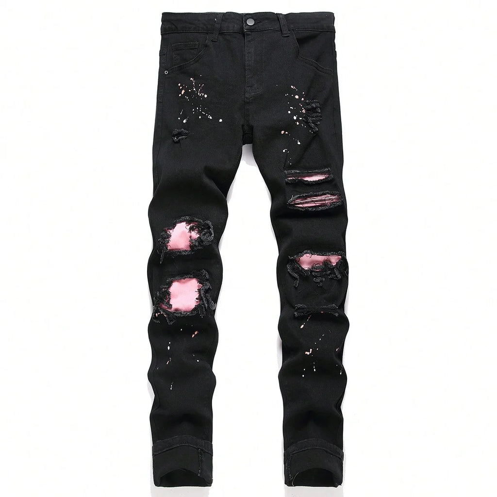 Men y2k Stretchy Skinny Denim Jeans For Men Casual pants Ripped Patchwork Hole Slim Fit Denim Hip Hop Black Straight Trousers