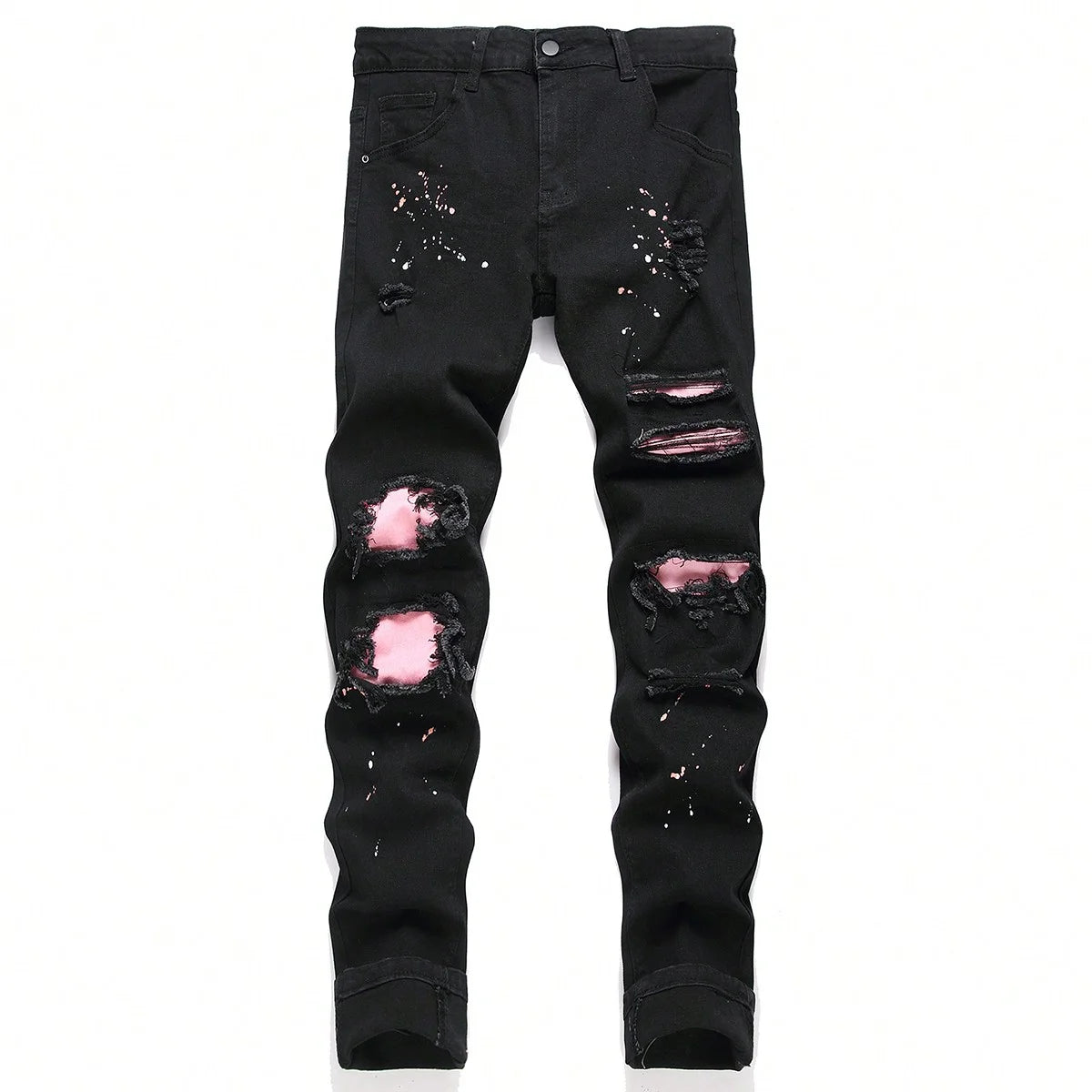 Men y2k Stretchy Skinny Denim Jeans For Men Casual pants Ripped Patchwork Hole Slim Fit Denim Hip Hop Black Straight Trousers