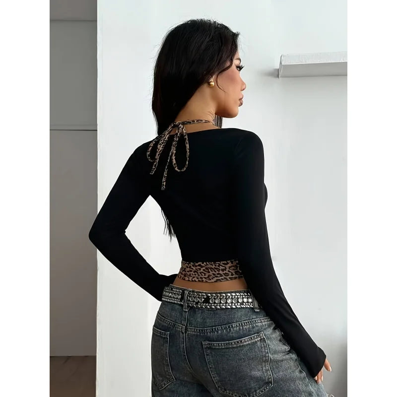 Y2K Punk Leopard Print And Solid Color Contrast Collar Crop Top | Comfortable Slim-Fit Long Sleeve Spring/Fall Season