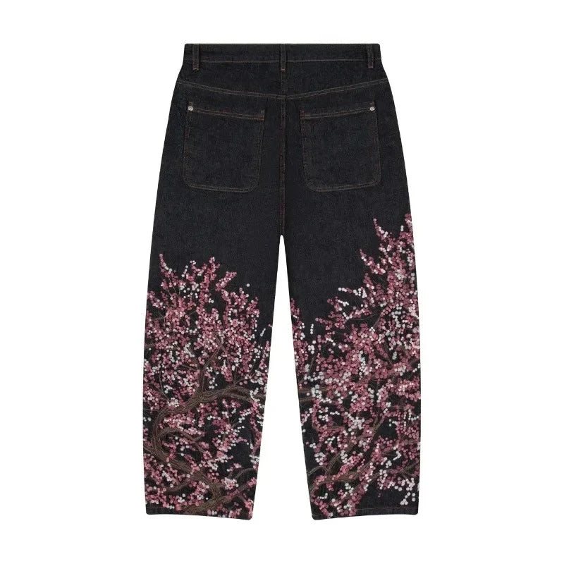 Y2K Baggy jeans Cherry Blossom Selvedge Embroidery Denim Pants men women denim fabric American Hiphop Streetwear Wide Leg Jeans