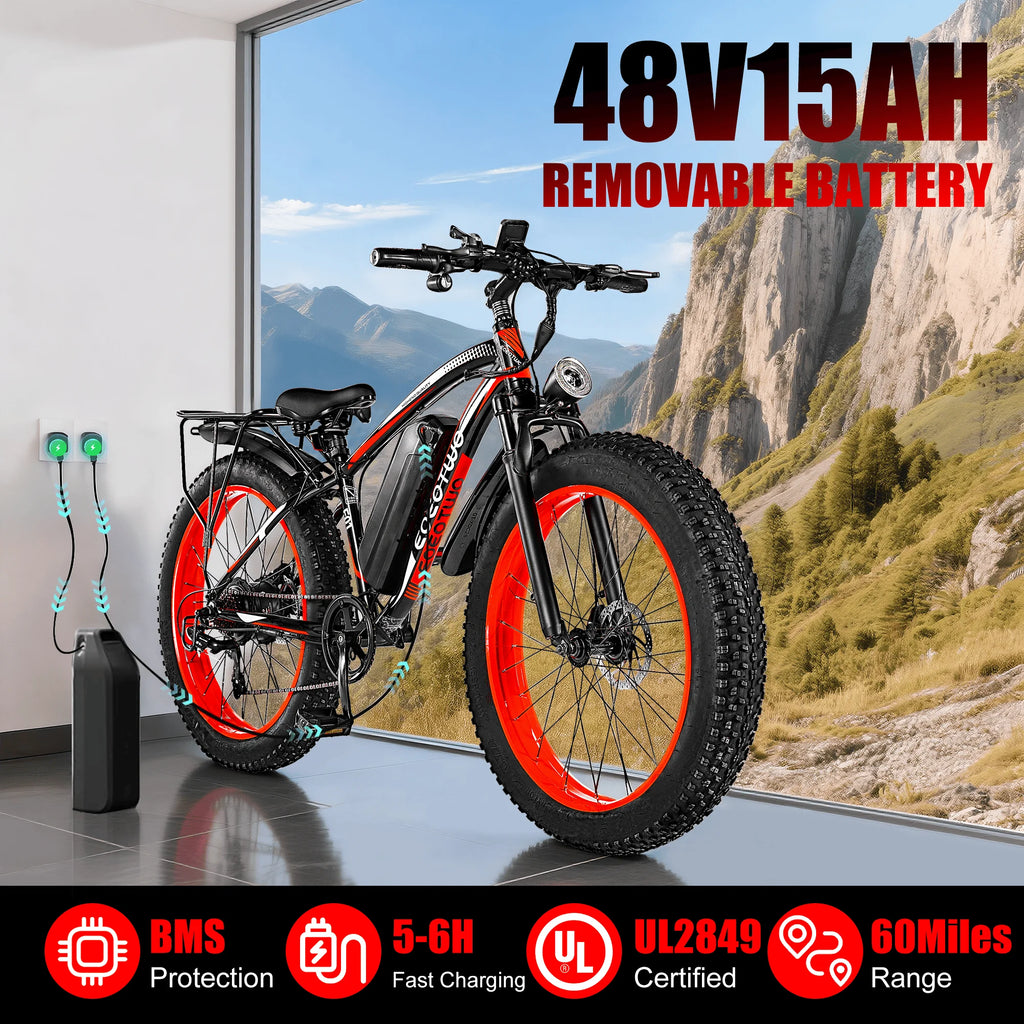 1500W Electric Bike 48V 15Ah Battery 26" 4.0 Fat Tire Ebike 34MPH High Speed Mountain Bicycle Off-Road Snow Bike for Adults