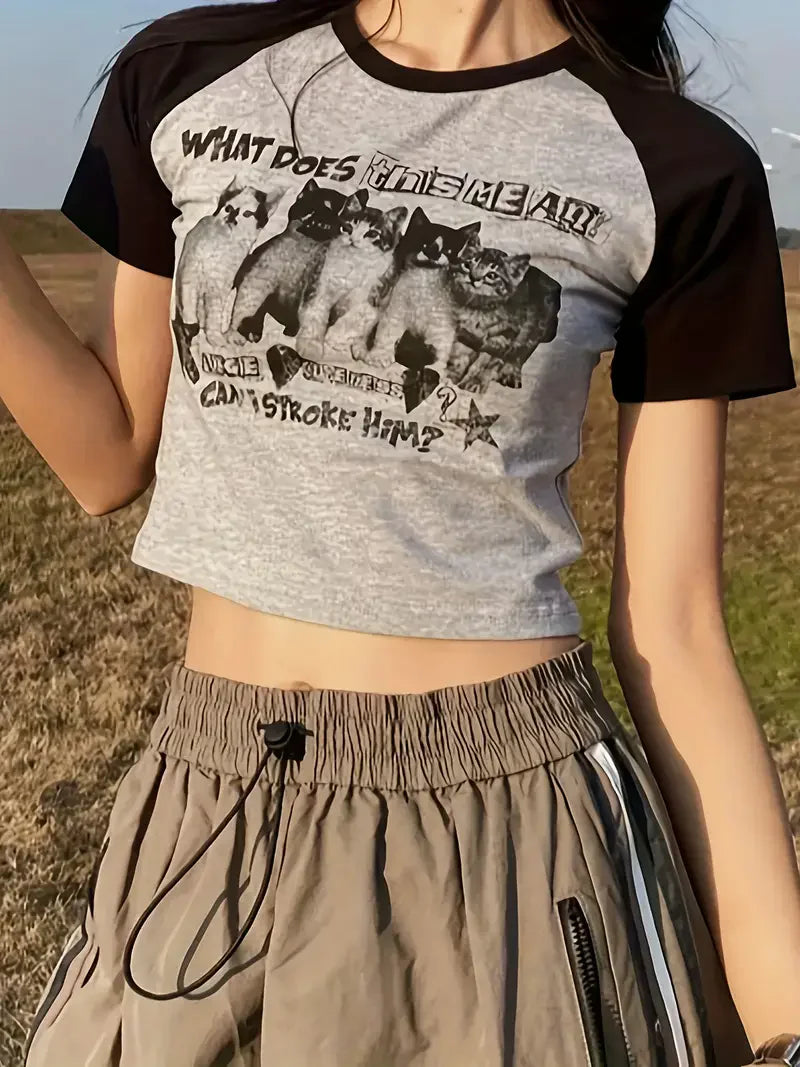 Cropped Aesthetic Y2k 90s Funny Cute Cat T Shirt Women Crop Top Shirt Harajuku Graphic Ulzzang T-shirt 90s Tshirt Top Tee Female