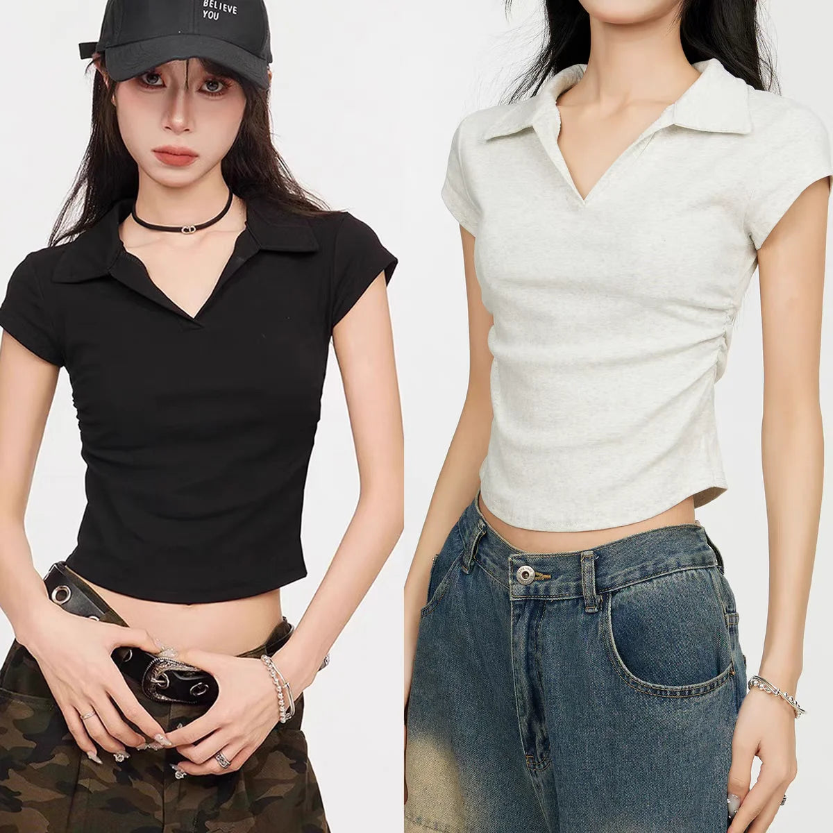 Cotton Summer Sexy Women's T Shirt Skinny Slim Basic Solid Crop Top Short Sleeve Polo TShirtCasual Top Tee for Women