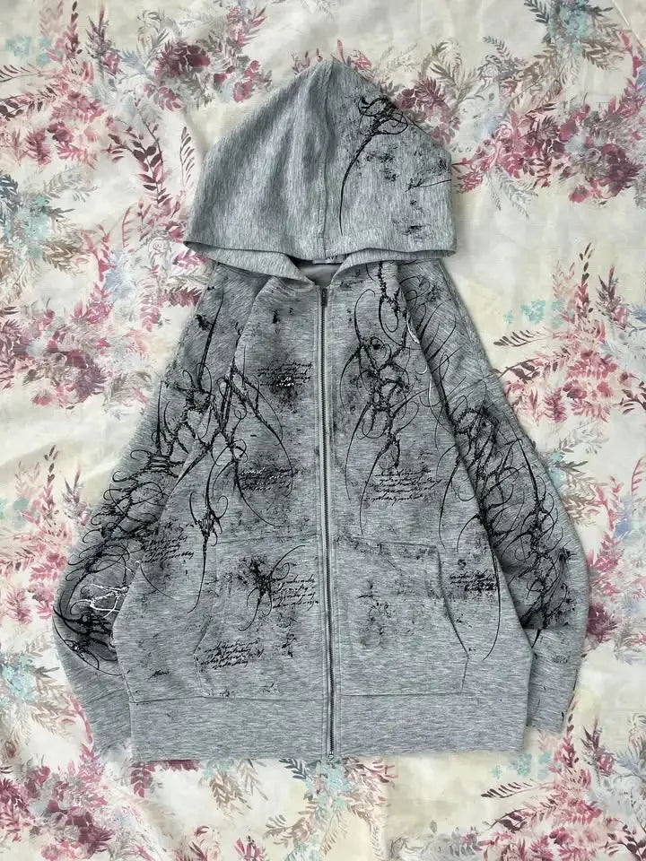 Y2K Fashion Harajuku Gothic Zip Up Hoodie Men Women Minimalist Graffiti Print Oversized Unisex Fit Sweatshirt Streetwear