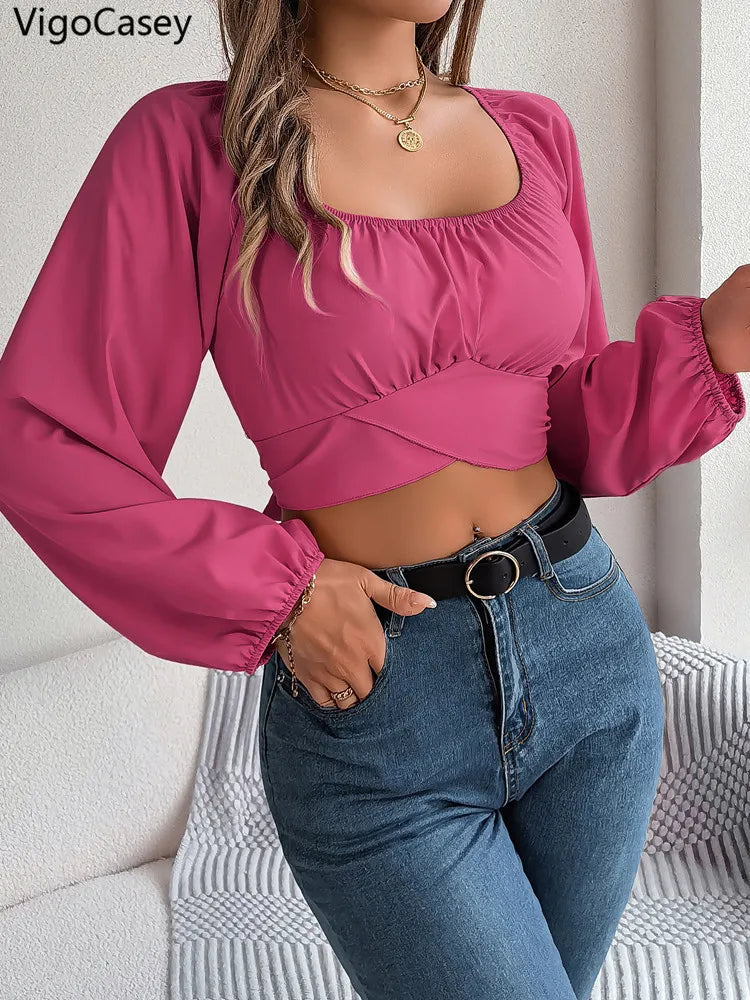 VigoCasey 2026 Spring Lantern Long Sleeve T-shirt Casual Women Square Neck Bodycon Crop Top Autumn Lady Solid Club Short Tops