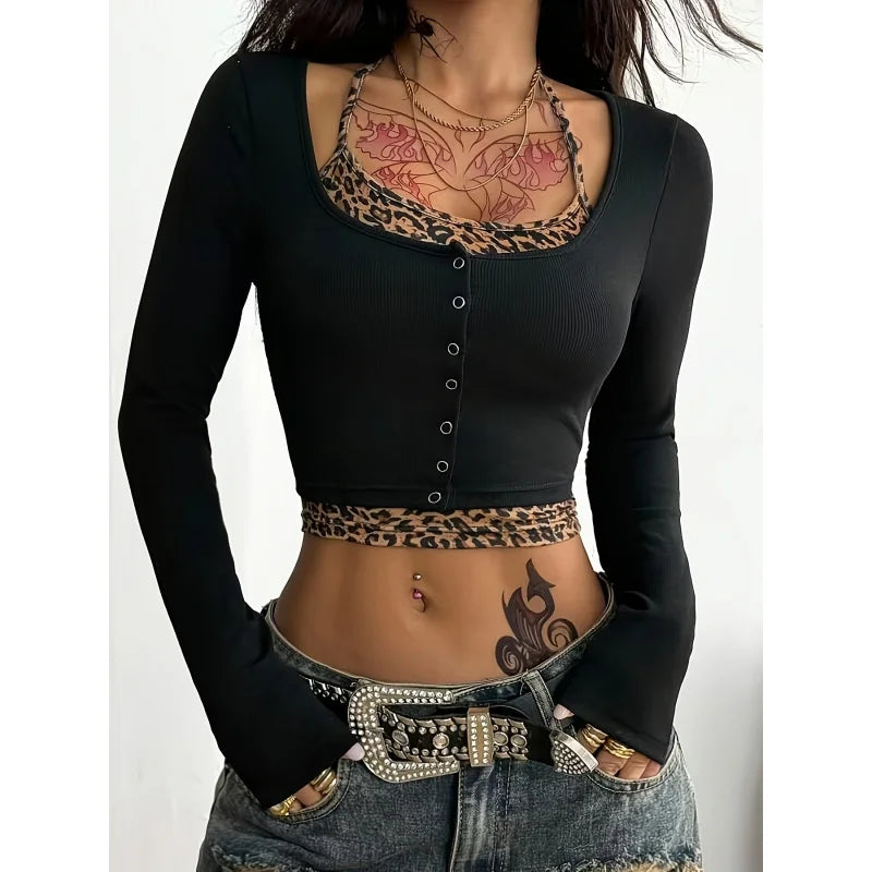 Y2K Punk Leopard Print And Solid Color Contrast Collar Crop Top | Comfortable Slim-Fit Long Sleeve Spring/Fall Season
