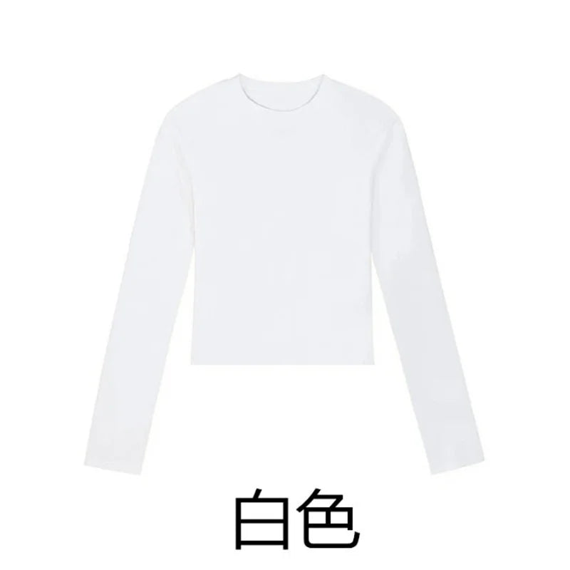Cotton O Neck Long Sleeve Shirt Women Sexy Cropped Tops 2025 Autumn Black Casual Skinny Slim Basic Woman T Shirts White Clothing