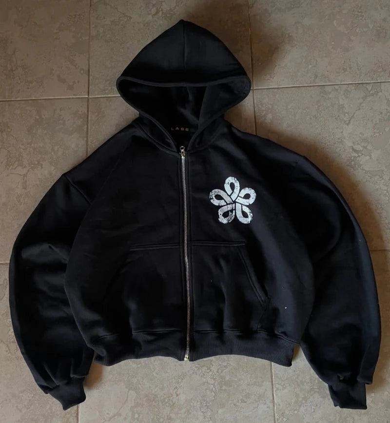Y2K Retro Harajuku Oversized Cropped Zip Up Hoodie High Street Minimalist Style Flower Graphic Print Men Women Hooded Jacket