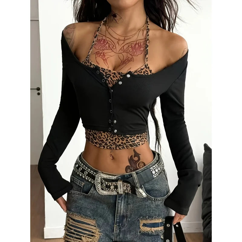 Y2K Punk Leopard Print And Solid Color Contrast Collar Crop Top | Comfortable Slim-Fit Long Sleeve Spring/Fall Season