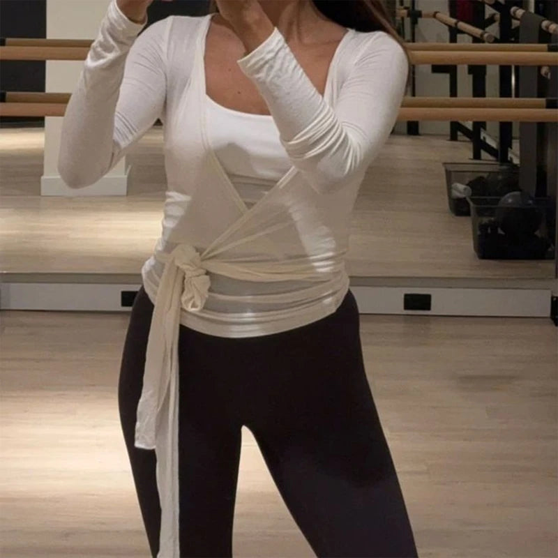 Women Cross Wrap Tie Crop Tops Yoga Shirts Long Sleeve Deep V Neck Solid Color Slim Fit Shirts Ladies Yoga Workout Blouses Tees