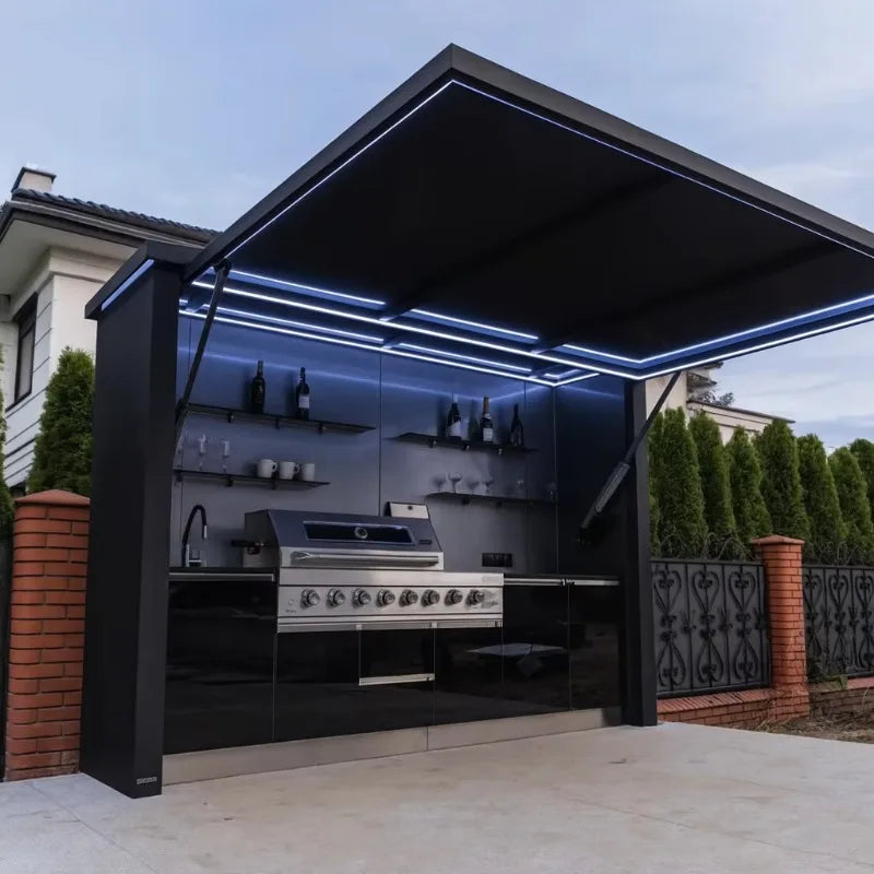 Custom Modern Luxury 304 Stainless Steel Outdoor Kitchen BBQ Grills Black With Roof For Camping Garden Pool Commercial