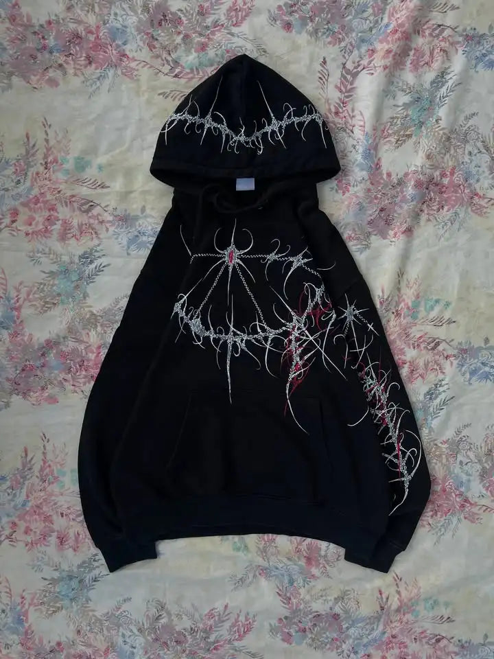 Y2K Fashion Harajuku Gothic Zip Up Hoodie Men Women Minimalist Graffiti Print Oversized Unisex Fit Sweatshirt Streetwear