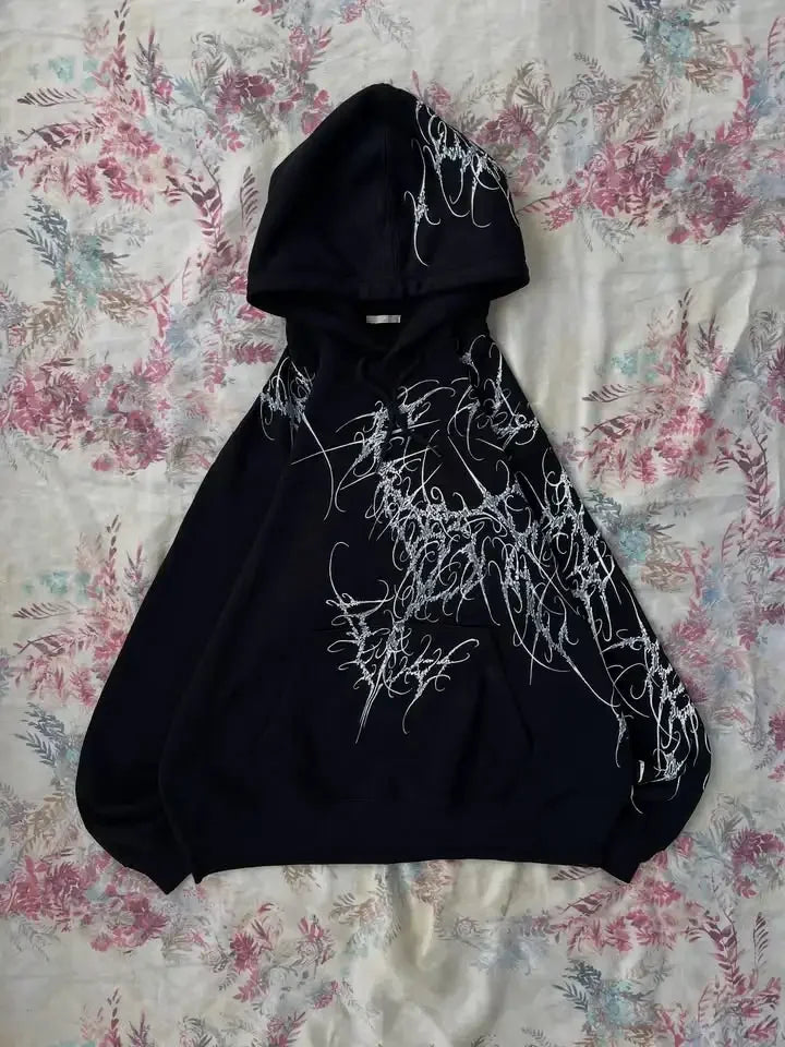 Y2K Fashion Harajuku Gothic Zip Up Hoodie Men Women Minimalist Graffiti Print Oversized Unisex Fit Sweatshirt Streetwear