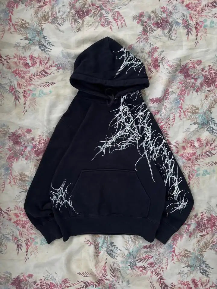 Y2K Fashion Harajuku Gothic Zip Up Hoodie Men Women Minimalist Graffiti Print Oversized Unisex Fit Sweatshirt Streetwear