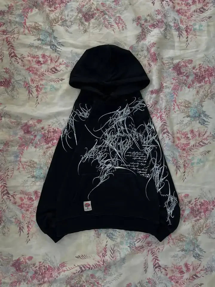 Y2K Fashion Harajuku Gothic Zip Up Hoodie Men Women Minimalist Graffiti Print Oversized Unisex Fit Sweatshirt Streetwear
