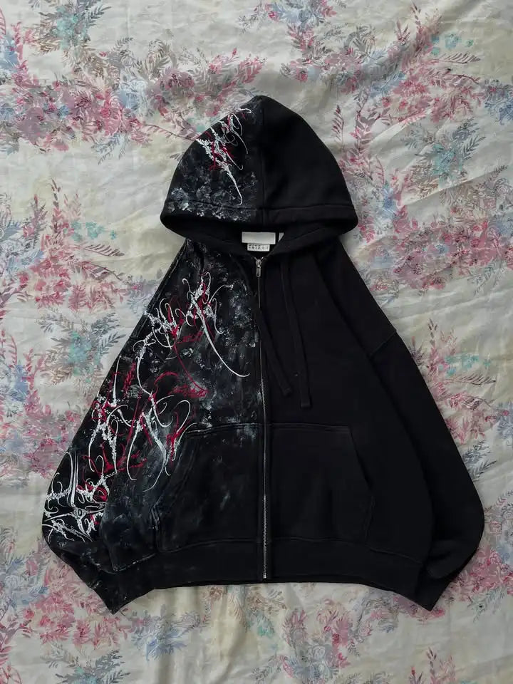 Y2K Fashion Harajuku Gothic Zip Up Hoodie Men Women Minimalist Graffiti Print Oversized Unisex Fit Sweatshirt Streetwear