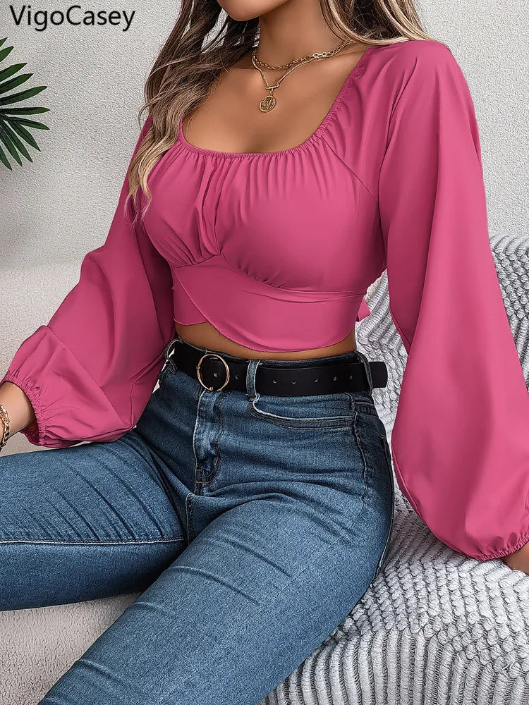 VigoCasey 2026 Spring Lantern Long Sleeve T-shirt Casual Women Square Neck Bodycon Crop Top Autumn Lady Solid Club Short Tops