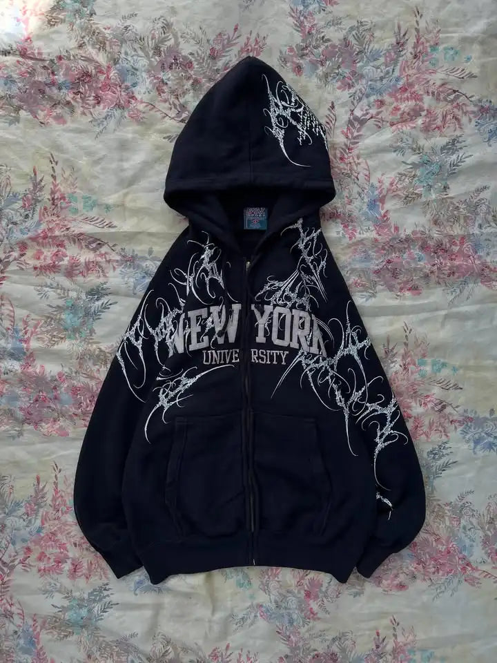 Y2K Fashion Harajuku Gothic Zip Up Hoodie Men Women Minimalist Graffiti Print Oversized Unisex Fit Sweatshirt Streetwear