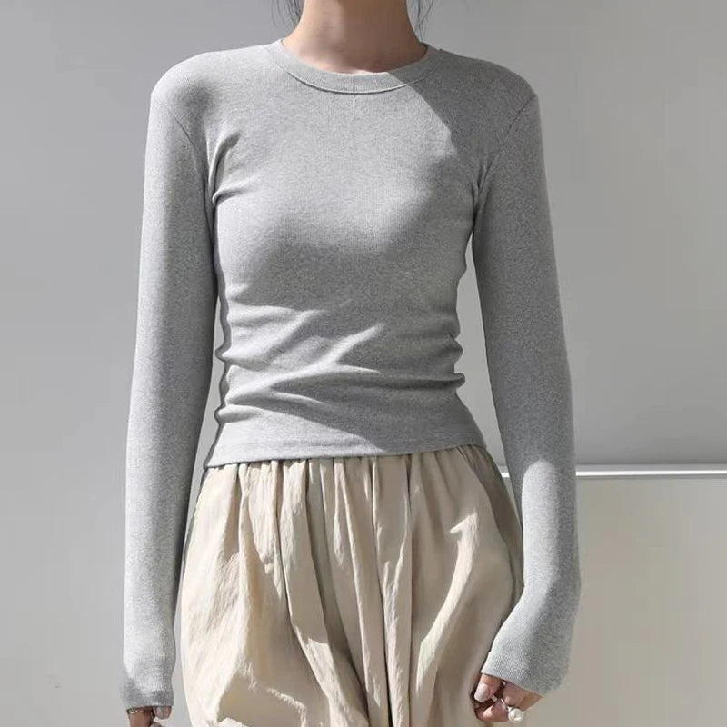 Cotton O Neck Long Sleeve Shirt Women Sexy Cropped Tops 2025 Autumn Black Casual Skinny Slim Basic Woman T Shirts White Clothing