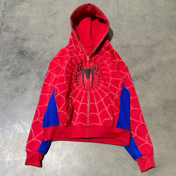 Y2k clothing Spider web Red hoodie sweatshirt zipper warm Harajuku punk grunge Women Hip hop sweatshirt Hoodie interesting 2023