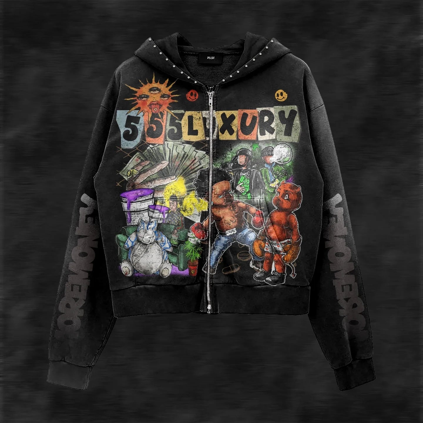 Y2K Style Hoodie with Pearl Details, Gothic Letter Print Zip-Up Hooded Sweatshirt