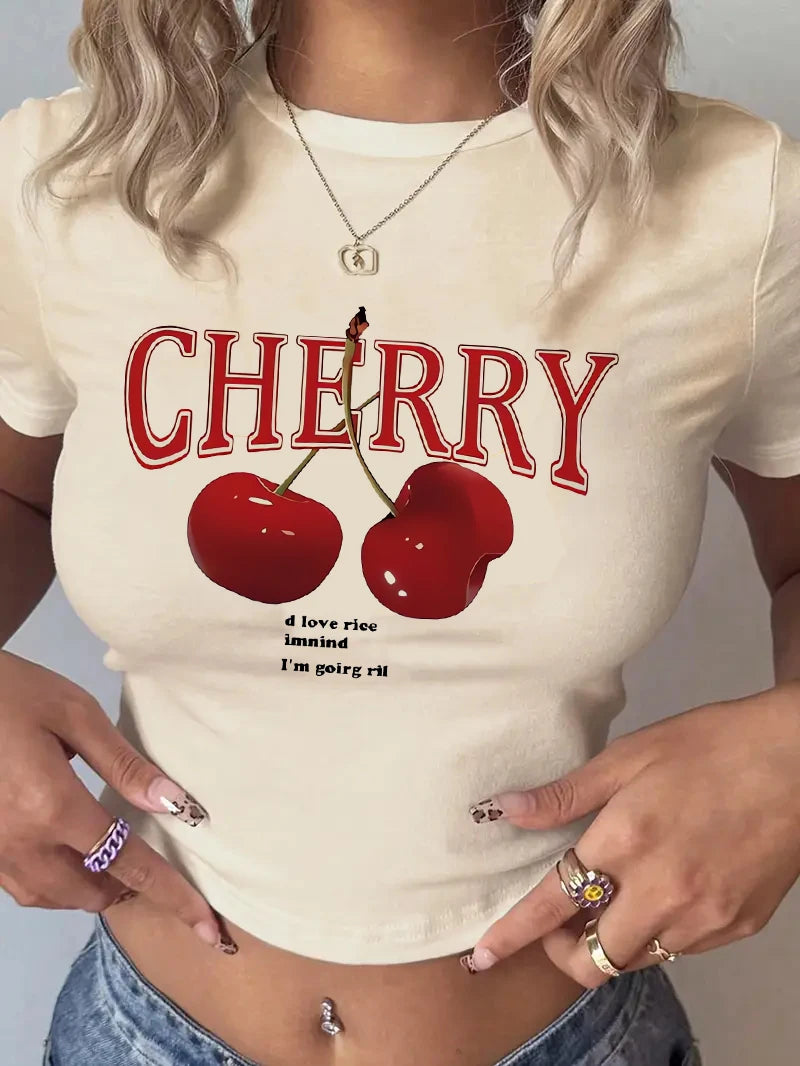 Fashion Cherry Print Crew Neck T-shirt Y2K Short Sleeve Tight Fit Crop Top Spring Summer Women's Clothing