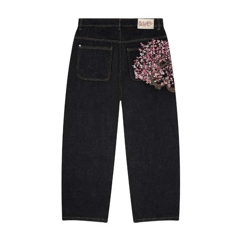 Y2K Baggy jeans Cherry Blossom Selvedge Embroidery Denim Pants men women denim fabric American Hiphop Streetwear Wide Leg Jeans
