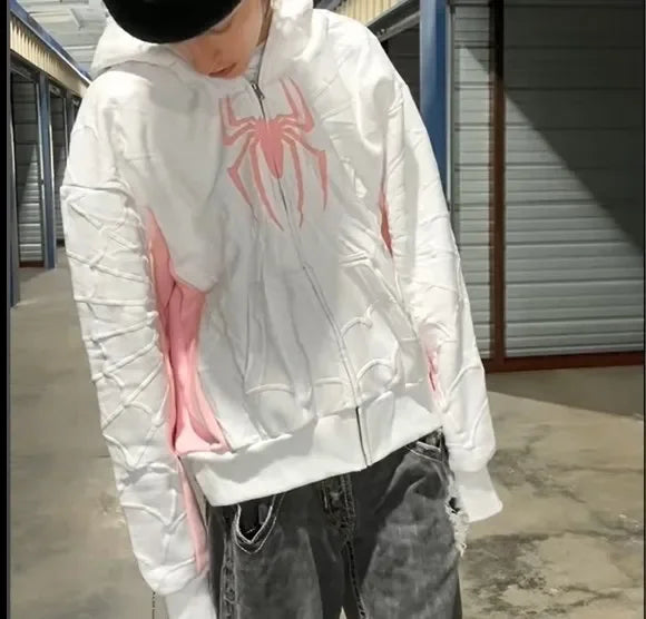 Y2k clothing Spider web Red hoodie sweatshirt zipper warm Harajuku punk grunge Women Hip hop sweatshirt Hoodie interesting 2023