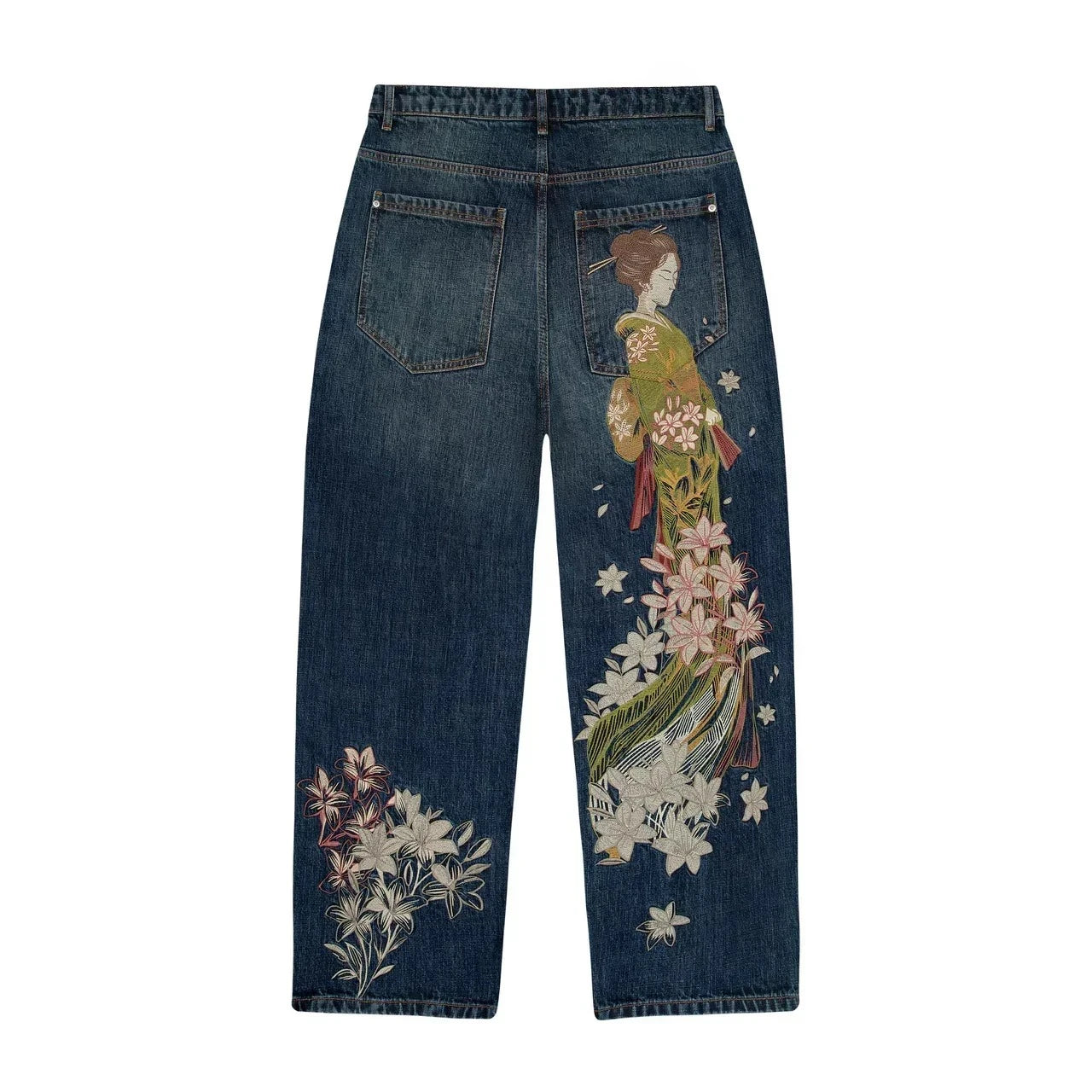 Y2K Baggy jeans Cherry Blossom Selvedge Embroidery Denim Pants men women denim fabric American Hiphop Streetwear Wide Leg Jeans