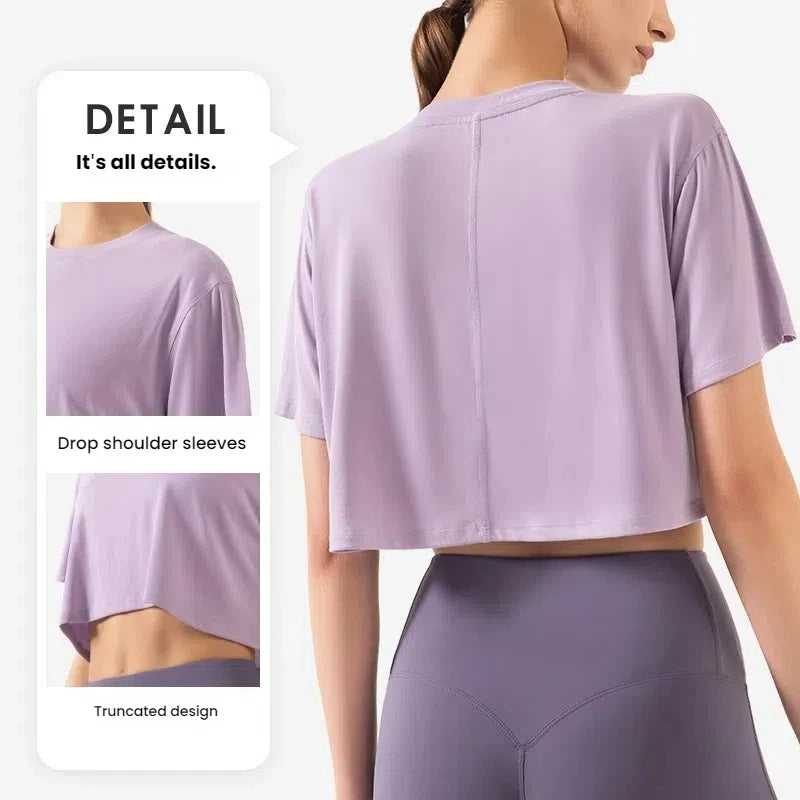 Women's Loose Cropped Quick-Dry Sports Top Yoga Shirt Gym Running Cover Breathable Workout Tee Casual Women's Clothing