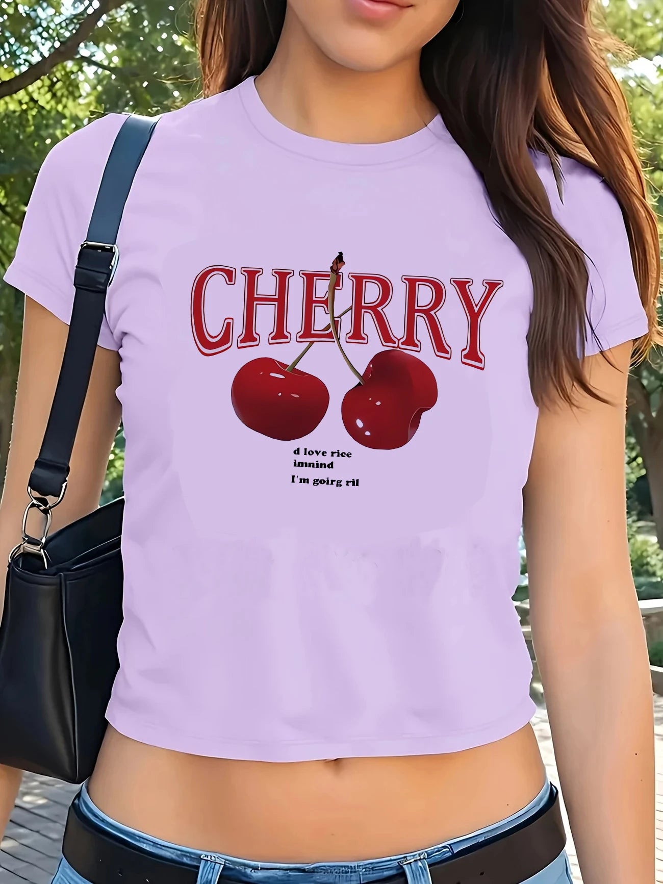 Fashion Cherry Print Crew Neck T-shirt Y2K Short Sleeve Tight Fit Crop Top Spring Summer Women's Clothing