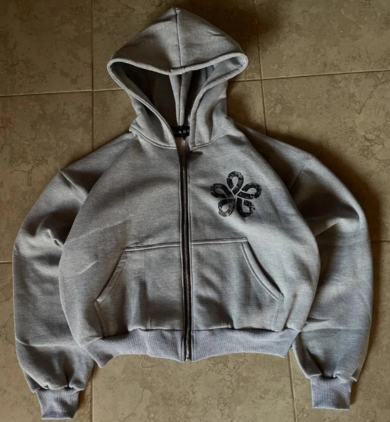 Y2K Retro Harajuku Oversized Cropped Zip Up Hoodie High Street Minimalist Style Flower Graphic Print Men Women Hooded Jacket