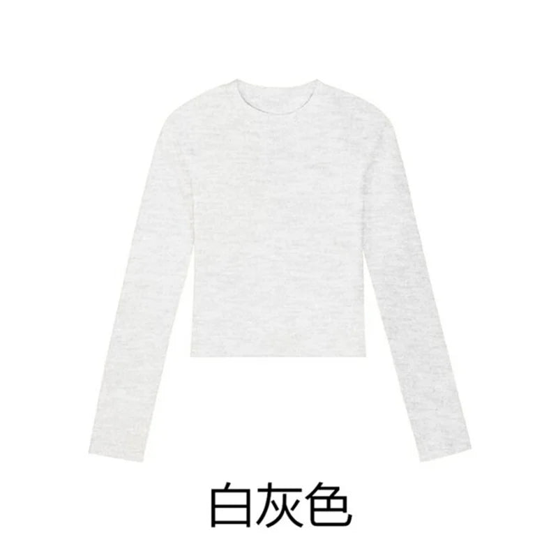 Cotton O Neck Long Sleeve Shirt Women Sexy Cropped Tops 2025 Autumn Black Casual Skinny Slim Basic Woman T Shirts White Clothing