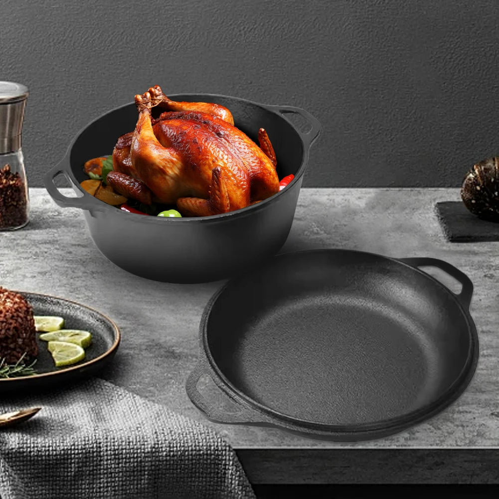 2 in 1 Cast Iron Dutch Oven with Skillet Lid Skillet Cookware Pan Set for Bread Frying Baking Camping BBQ