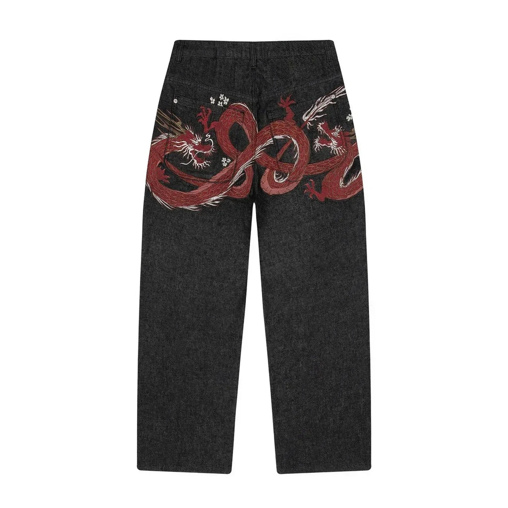 Y2K Baggy jeans Cherry Blossom Selvedge Embroidery Denim Pants men women denim fabric American Hiphop Streetwear Wide Leg Jeans