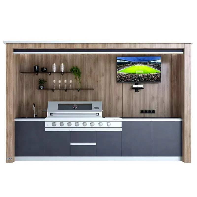 Custom Modern Luxury 304 Stainless Steel Outdoor Kitchen BBQ Grills Black With Roof For Camping Garden Pool Commercial