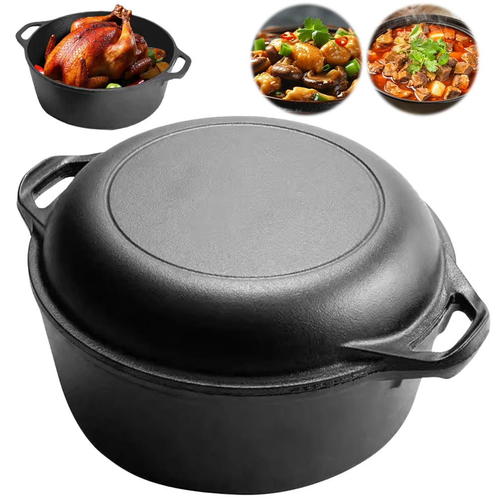 2 in 1 Cast Iron Dutch Oven with Skillet Lid Skillet Cookware Pan Set for Bread Frying Baking Camping BBQ