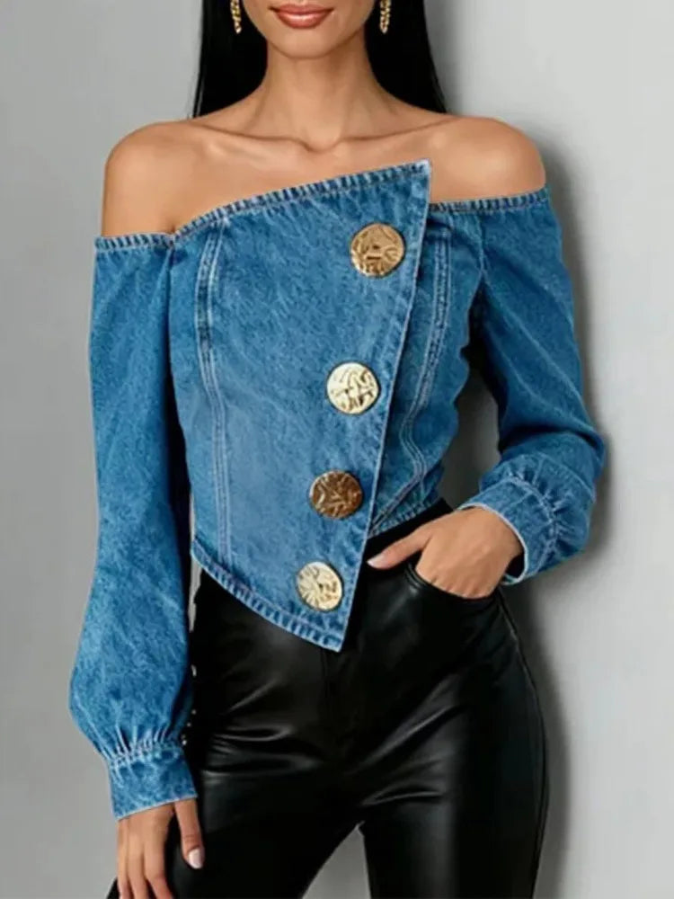 UOOZEE Women's Y2K Off Shoulder Denim Crop Tops Fashion Asymmetrical Hem Gold Button Long Sleeves Party Club Jean Blouses