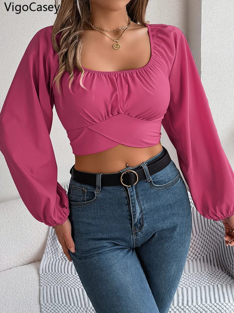 VigoCasey 2026 Spring Lantern Long Sleeve T-shirt Casual Women Square Neck Bodycon Crop Top Autumn Lady Solid Club Short Tops