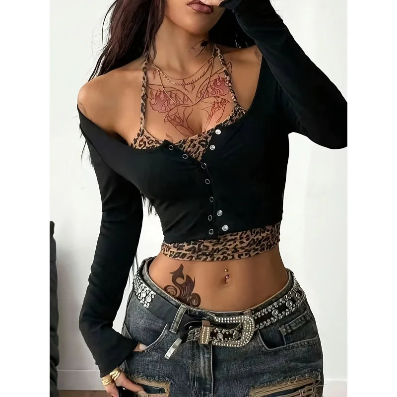 Y2K Punk Leopard Print And Solid Color Contrast Collar Crop Top | Comfortable Slim-Fit Long Sleeve Spring/Fall Season
