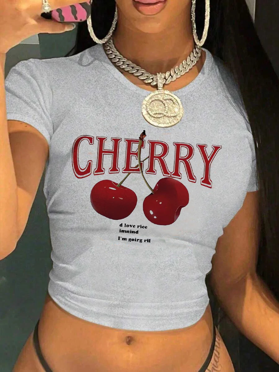 Fashion Cherry Print Crew Neck T-shirt Y2K Short Sleeve Tight Fit Crop Top Spring Summer Women's Clothing