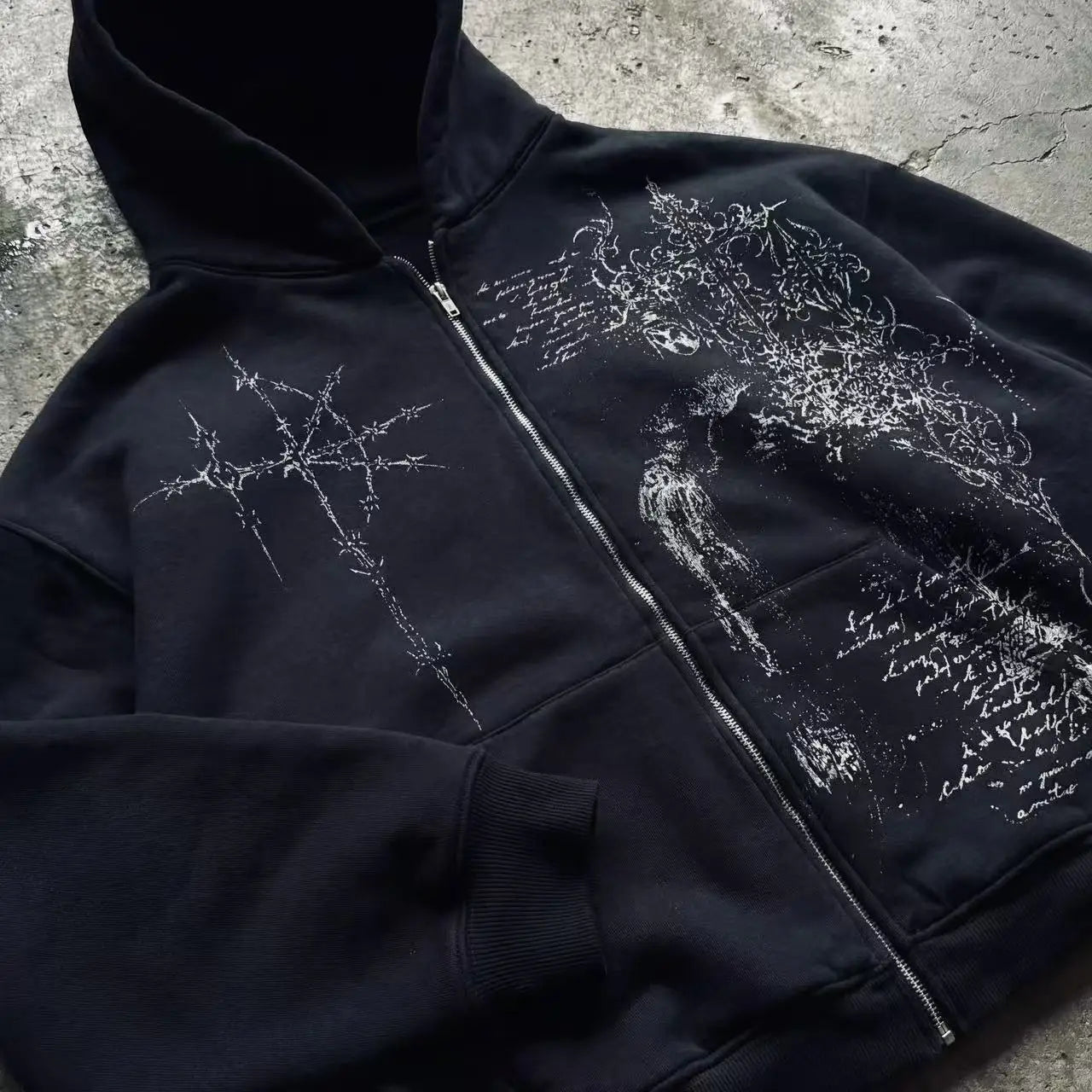 Y2K Fashion Harajuku Gothic Zip Up Hoodie Men Women Minimalist Graffiti Print Oversized Unisex Fit Sweatshirt Streetwear